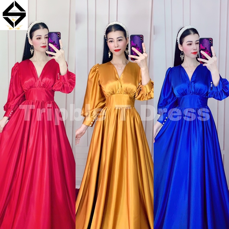 Đầm maxi dạ hội TRIPBLE T DRESS tay dài bo cổ tay xẻ đùi - size M/L - MS415V