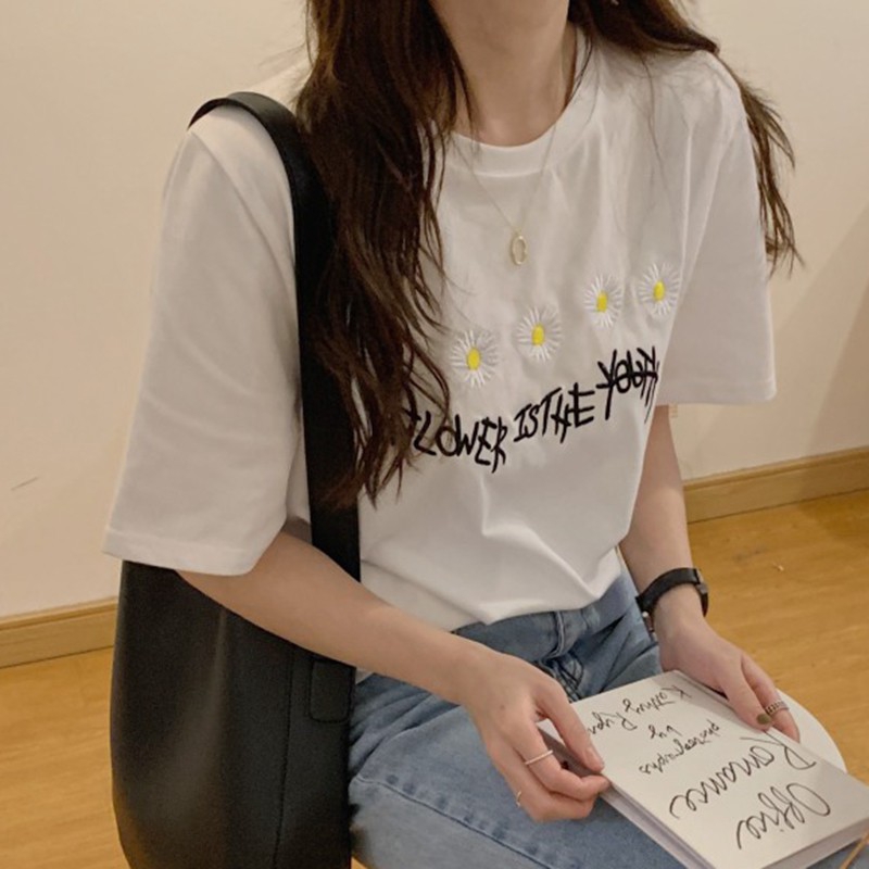 [Baywellfashion]Women Summer Crew Neck College Wind Short Sleeve Floral Daisy Print Loose T-Shirt | BigBuy360 - bigbuy360.vn