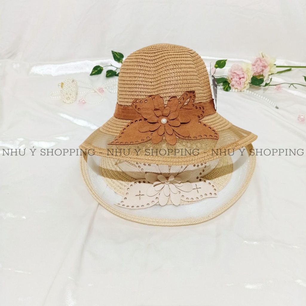Nón cói,mũ cói nữ đi biển vành nhỏ phối lưới nơ hoa đính ngọc-q12 buom ngoc