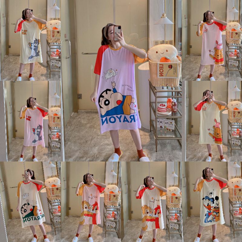 Bộ đồ ngủ cotton hoạt hình thoải mái và dễ thương, váy ngủ ngắn tay