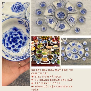 Bộ bát đĩa hoa mặt trời Bát tràng cánh lượn vẽ Hoa cẩm tú cầu - Size 45cm và 55cm - Bộ đĩa bày thức ăn