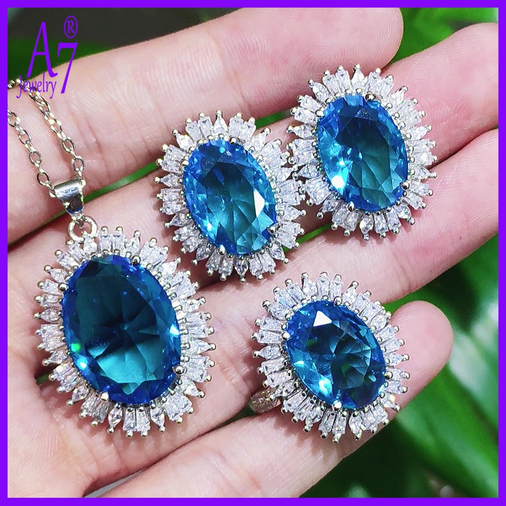 Set Vòng cổ + đôi khuyên tai + nhẫn màu xanh dương thời trang cho nữ