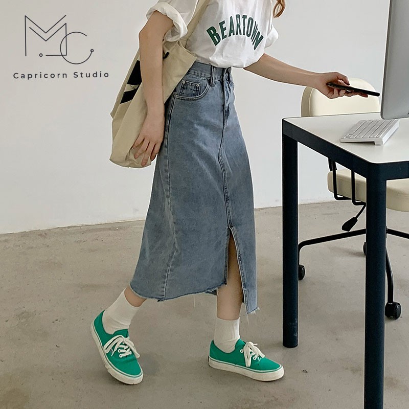 Chân váy Jean dài xẻ vạt lệch cá tính phong cách Ulzzang Hàn Quốc [MinC.Studio - MCCV005] | BigBuy360 - bigbuy360.vn