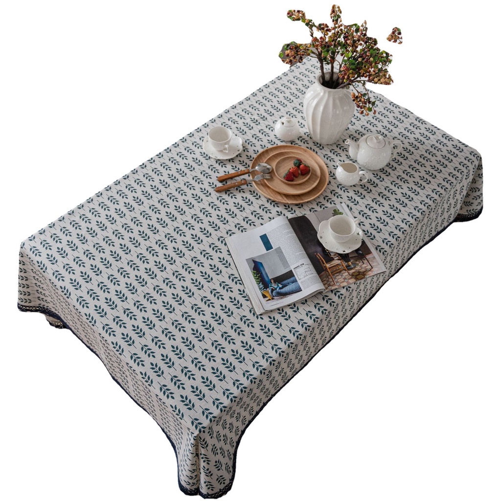 Khăn Trải Bàn Vải Lanh Cotton In Họa Tiết Tai Thỏ Màu Xanh Lá Xinh Xắn