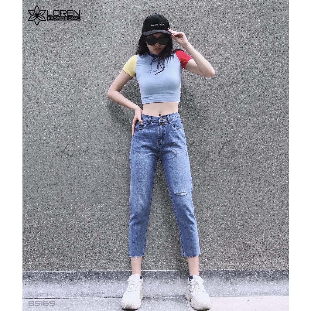 Quần jean baggy LOREN kiểu nút tua xanh B5169