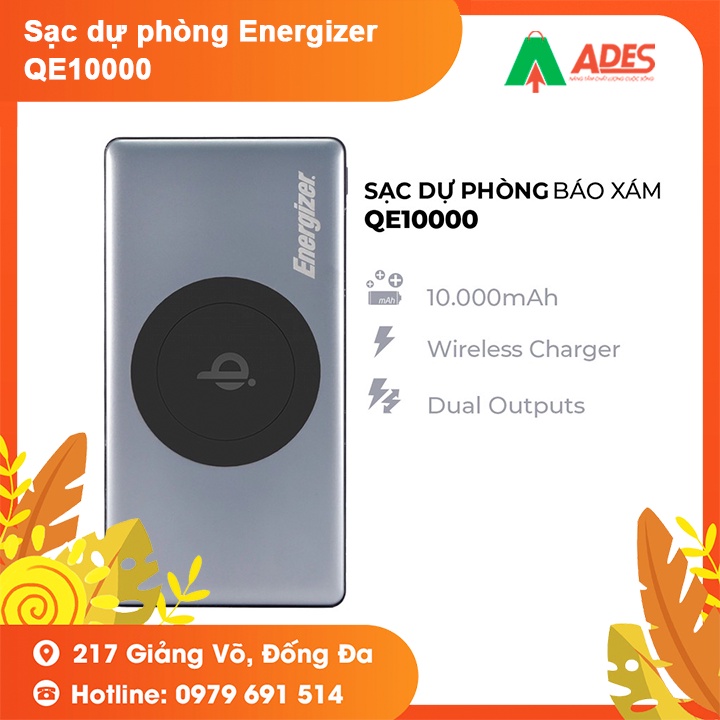 Pin dự phòng Energizer BÁO XÁM QE10000 - 10,000mAh - Tích hợp sạc không dây 5W chuẩn Qi, thiết kế vỏ kim loại chắc chắn