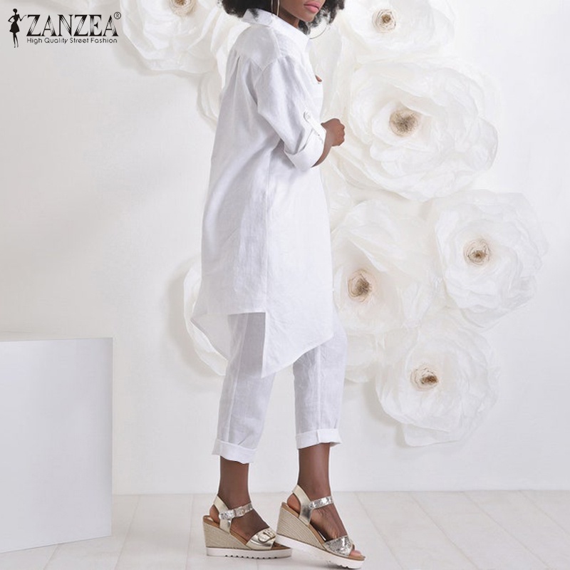 Set đồ 2 món ZANZEA gồm áo sơ mi không cân xứng kèm quần ống rộng vải cotton màu trơn phong cách vintage cho nữ