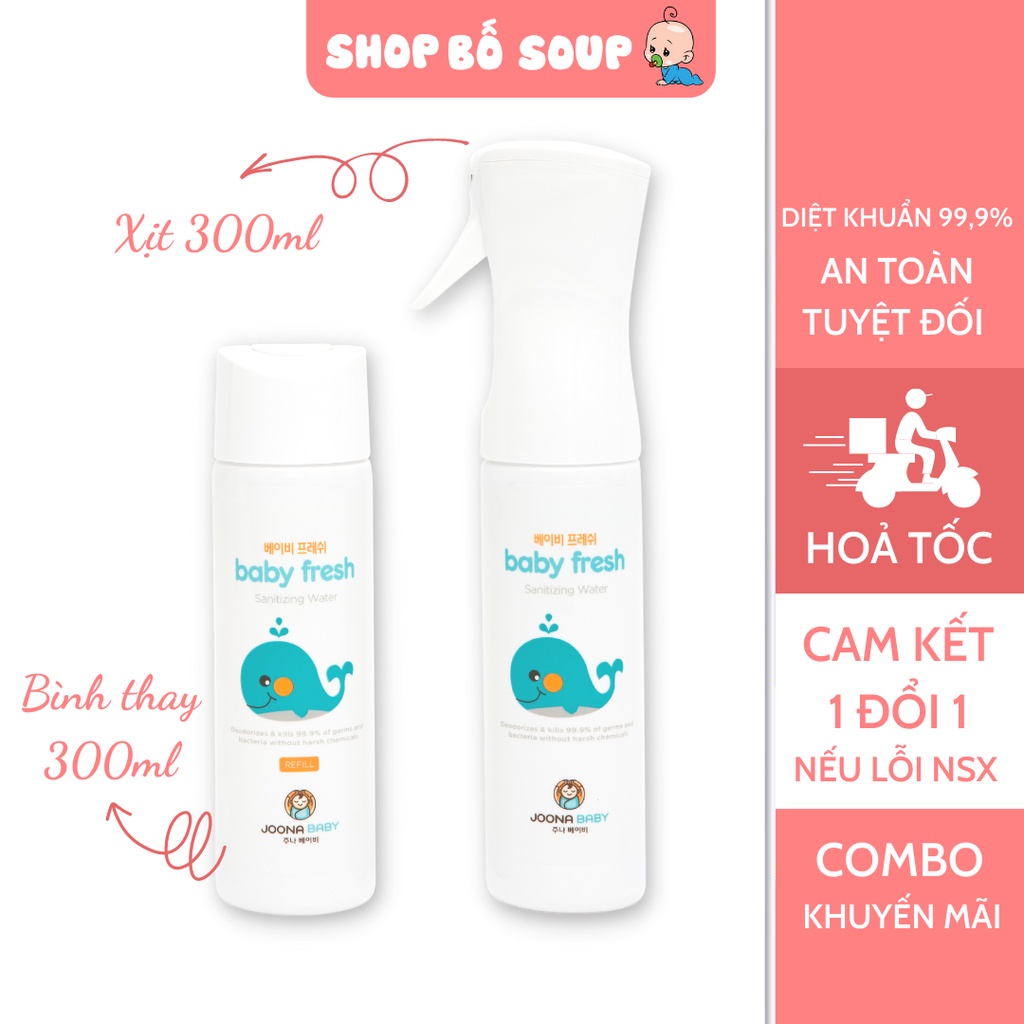 Combo xịt diệt khuẩn, khử mùi 300ml và lõi thay thế 300ml Baby Fresh an toàn cho bé