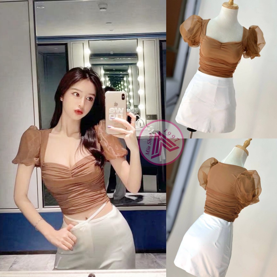 Áo Croptop Lưới Tay Phồng Cúp Ngực (NUDE)