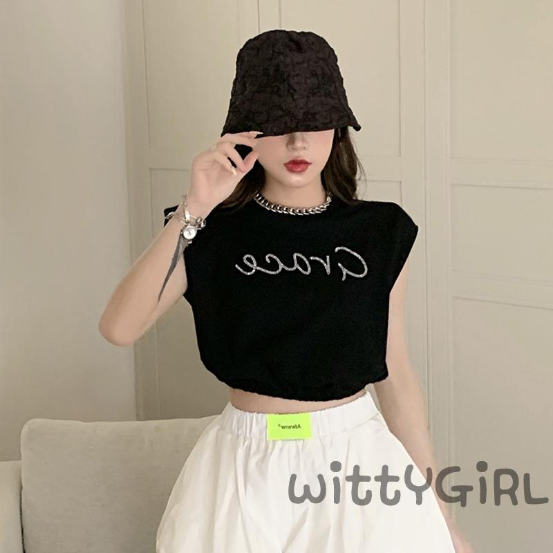 Áo Croptop Sát Nách Cổ Tròn Dáng Rộng In Chữ Đính Đá Dễ Thương Cho Bạn Gái