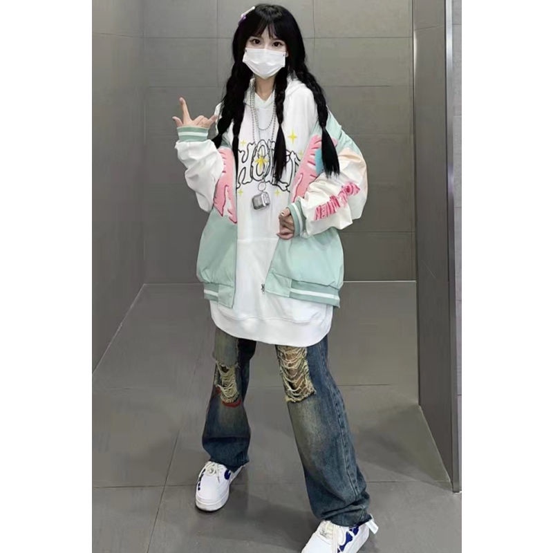 Quần jean dài phối rách phong cách hip hop đường phố thời trang retro cho nữ