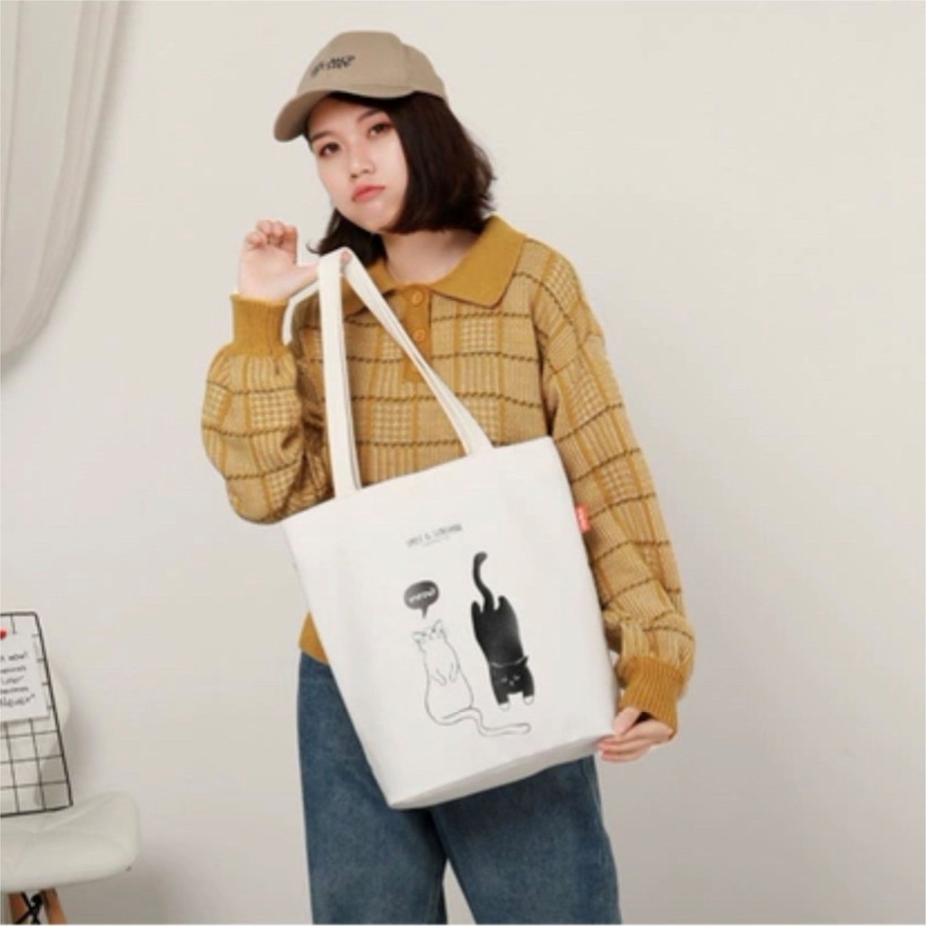 Túi tote vải canvas đựng đồ đi học đi chơi đi làm tiện lợi in hình 2 con mèo ngộ nghĩnh phong cách thời trang Hàn Quốc