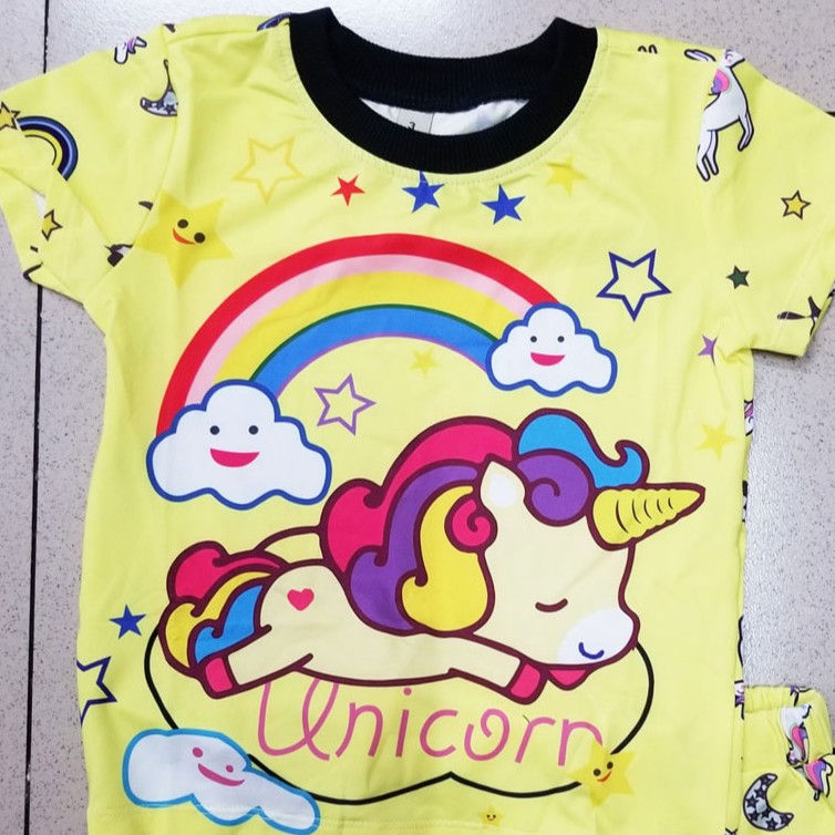Bộ thun cotton lạnh mát in ngựa unicorn cầu vồng bé gái