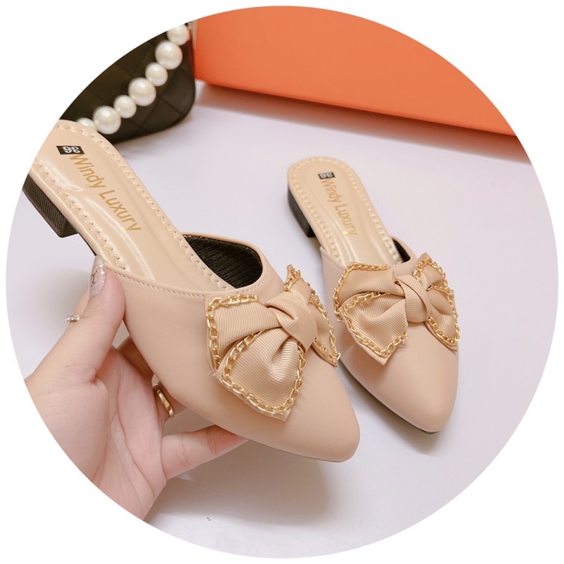 ❤️MUA NGAY GIẢM 10k❤️ GIÀY SỤC BỆT MŨI NHỌN NƠ XÍCH DA MỀM ĐI ÊM CHÂN