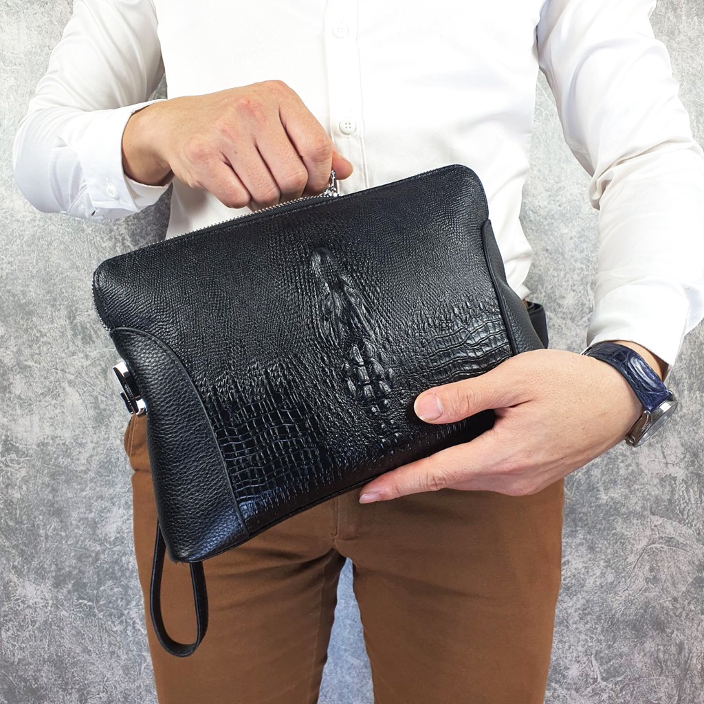Clutch nam da bò thật phối da vân cá sấu có khóa số CL143LEA  - 100% da thật, BH 3 năm