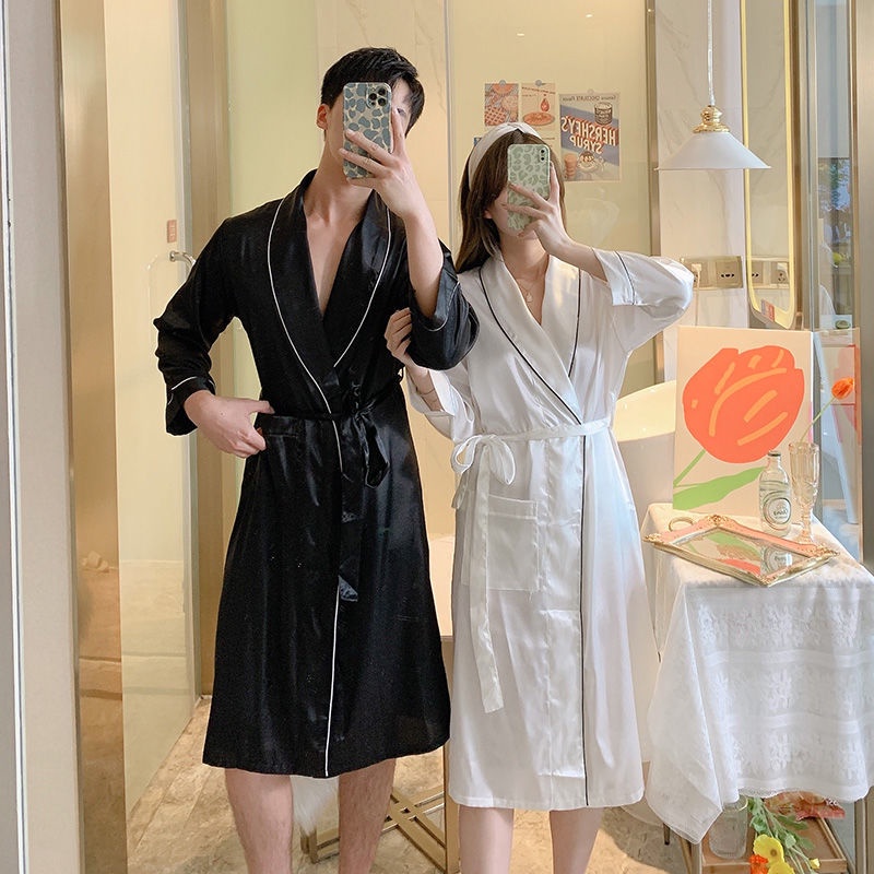 Áo choàng ngủ dài tay vải lụa mát size lớn mặc ở nhà và ngoài trời kiểu mùa thu đông thoải mái cho cả nam và nữ