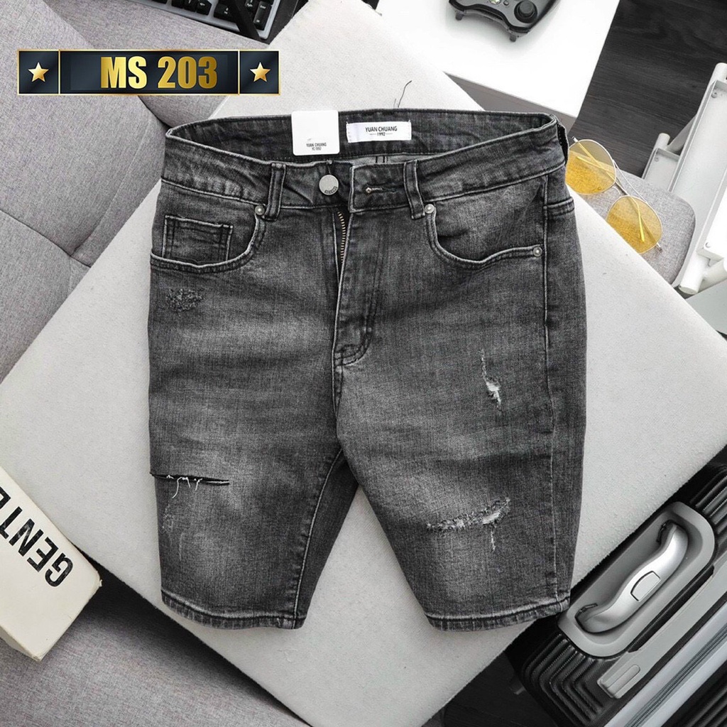 Quần short jean nam màu xanh thêu logo chất bò - quần short demin ngắn nam co giãn thời trang cao cấp Pn_shop90 ms203