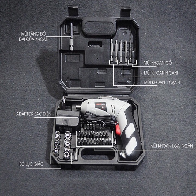 MÁY KHOAN VÀ VẶN ỐC VÍT 45 CHI TIẾT PIN SẠC CẦM TAY MINI JOUST MAX