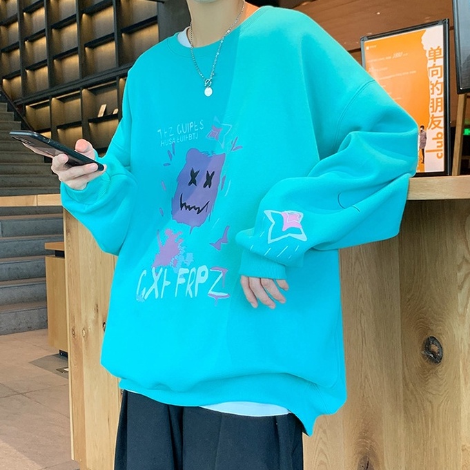 Áo Sweater Cổ Tròn Tay Dài Dáng Rộng In Hoạt Hình Phong Cách Hồng Kông Thời Trang 2022