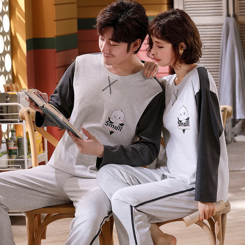 ﹉Couple pyjama nữ cotton mùa xuân thu đông size lớn dài tay nam phục vụ sinh viên mặc nhà có thể đi chơi