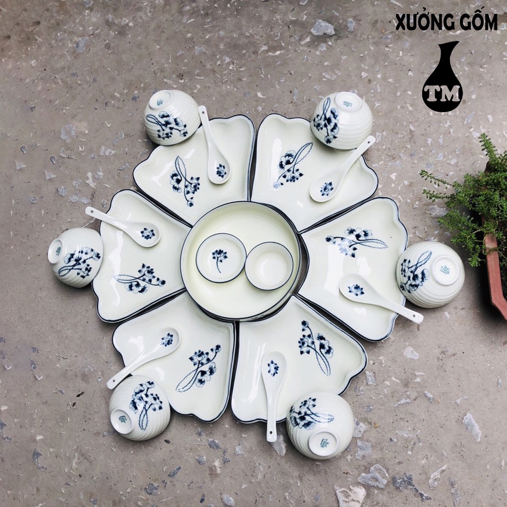 Bộ đồ ăn hoa mặt trời men kem Xưởng Gốm TM Bát Tràng -Cúng rằm/lễ/tết/chay/mặn/bày cỗ/tiếp khách