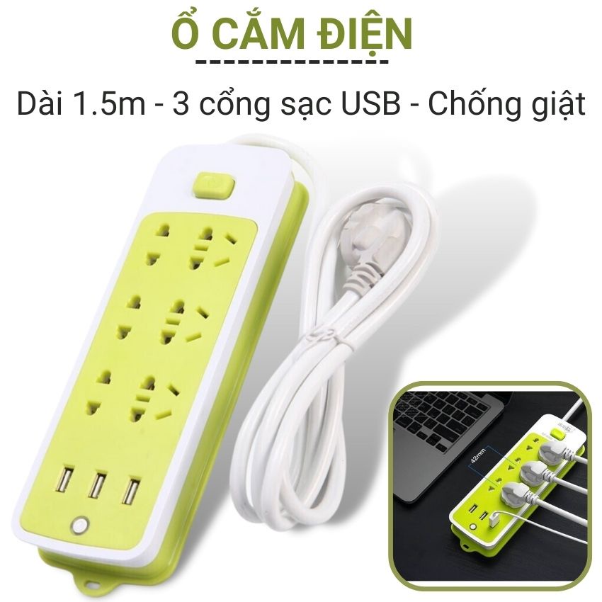 Ổ cắm điện đa năng chống giật chịu tải 2500W tích hợp 3 cổng USB sạc điện thoại chất liệu nhựa cao cấp an toàn Angola