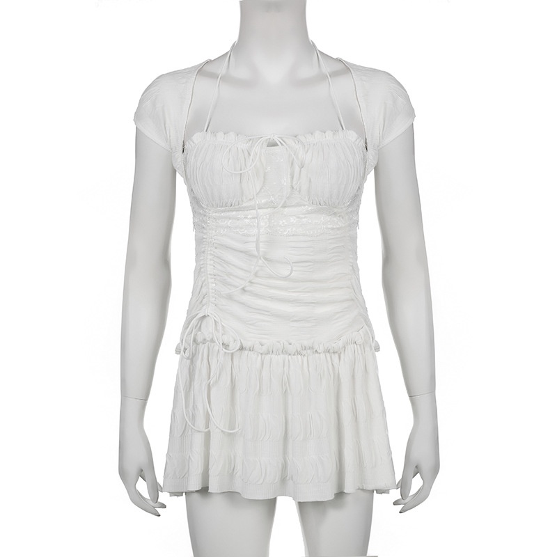 Đầm Tay Ngắn Cổ Vuông Xếp Ly Cột Dây Thời Trang Trẻ Trung Cho Nữ