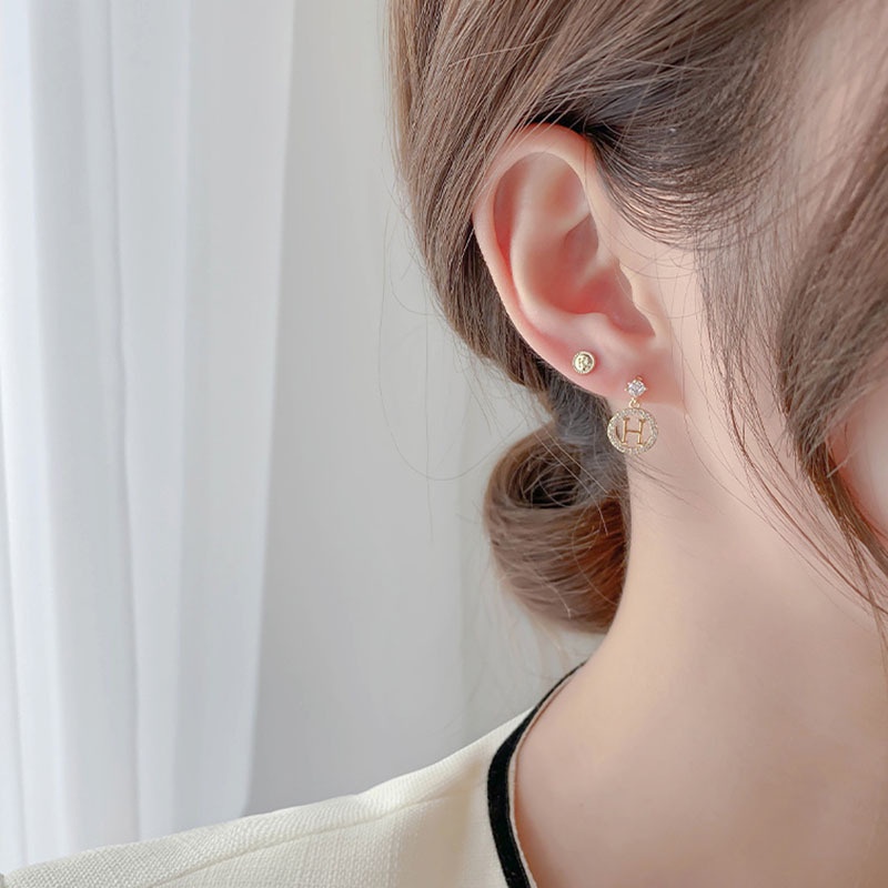 Bộ Khuyên Tai Chữ H Đính Đá Zircon Phong Cách Hàn Quốc Thời Trang