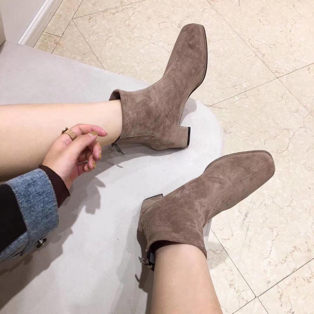 giày boot bệt nữ Aomi nhung gót vuông 5886 (FORM TO)