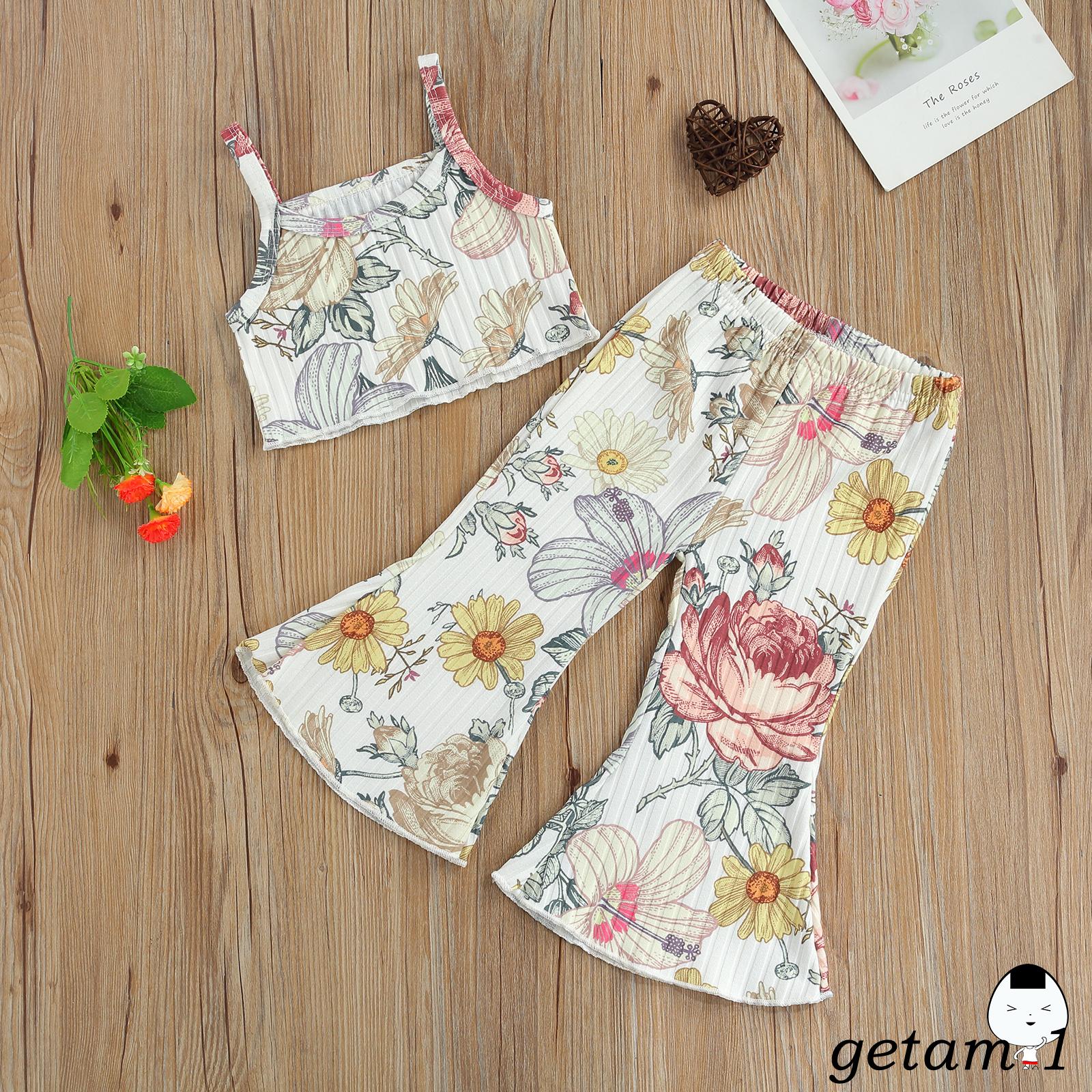 Set Áo Croptop Sát Nách In Hoa + Quần Ống Loe Thời Trang Cho Bé Gái