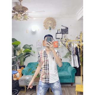 Áo sơ mi phối sọc thêu logo cực hot