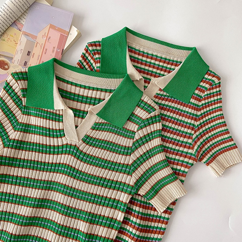 Áo Croptop Len Mongtoghi Kẻ Cổ Bẻ Cộc Tay Co Giãn Thời Trang Sugal TOP NU 049