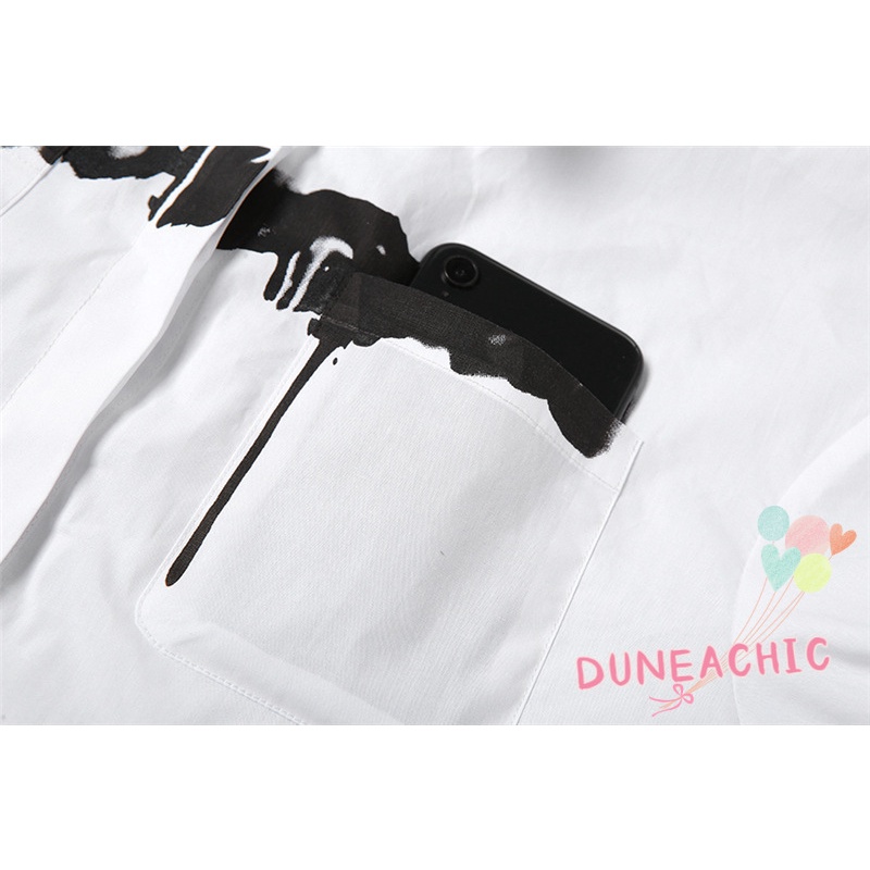 DUNEA Áo sơ mi croptop tay dài cổ bẻ in họa tiết thời trang cho nữ