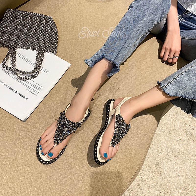 Oeggeo shop Xăng đan Hở Ngón Đính Hạt Đi Biển Cho Nữ