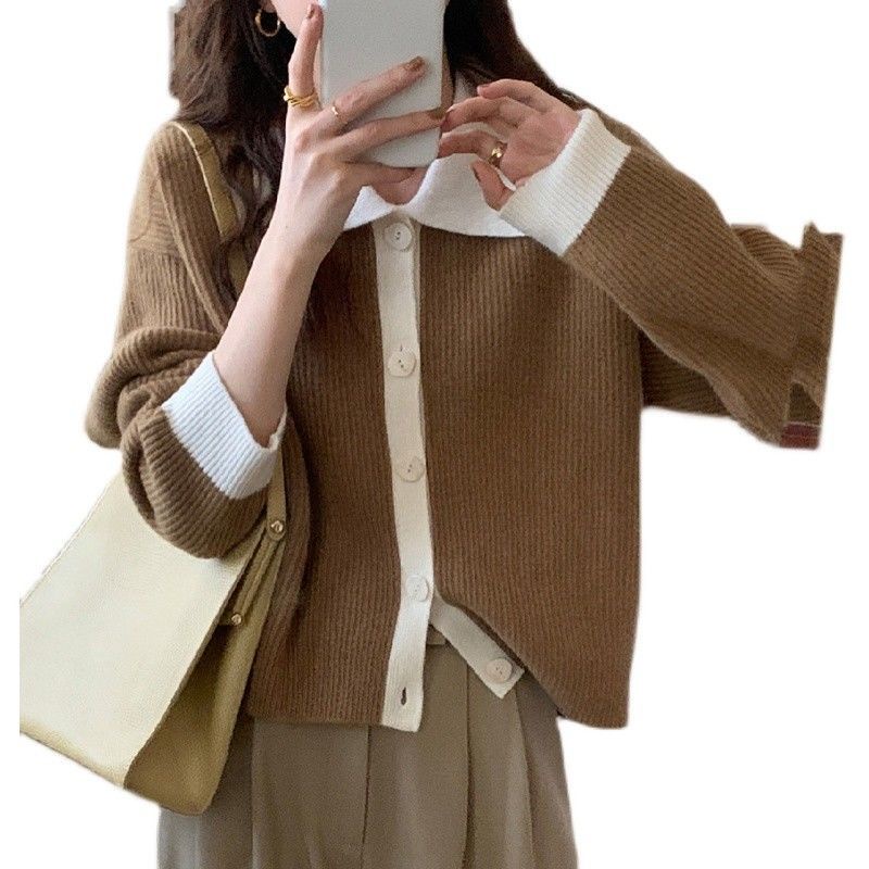 Áo Sweater Dệt Kim Tay Dài Cổ Polo Dáng Rộng Màu Sắc Tương Phản Phong Cách Hàn Quốc Thời Trang