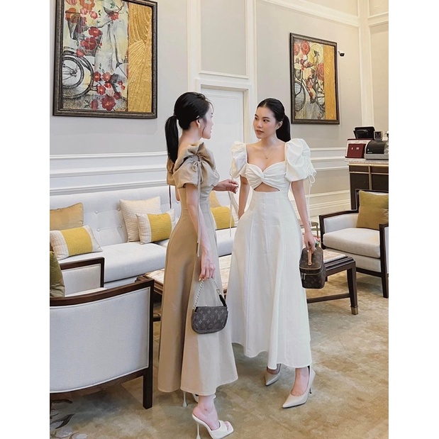 Đầm Váy Xoắn Ngực Hở Eo Tay Phồng 3 Màu