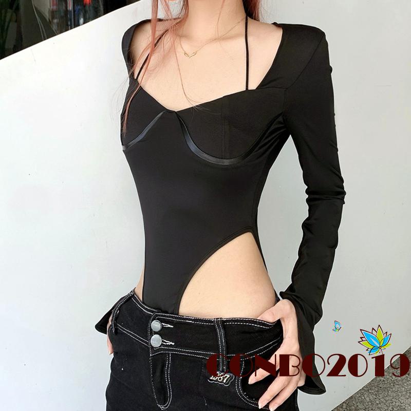 Áo Liền Quần Cổ Khoét Sâu Tay Dài Màu Trơn Thời Trang Mùa Thu Cho Nữ