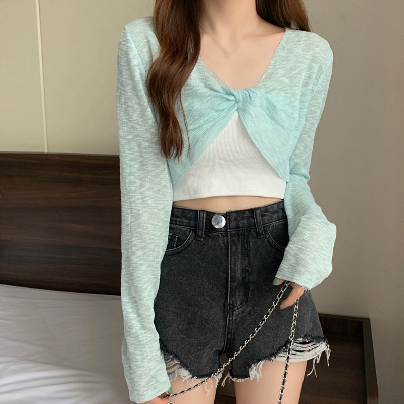 Áo khoác cổ chữ V đan chéo dáng ngắn mỏng chống nắng thời trang mùa hè năng động cho nữ