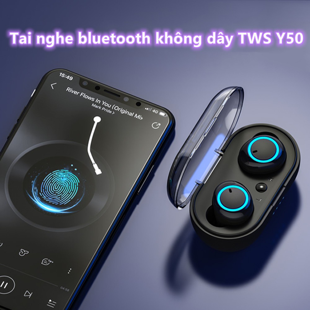 Tai nghe nhét tai không dây bluetooth 5.0 Y50 TWS âm thanh nổi chống ồn có hộp sạc phong cách thể thao