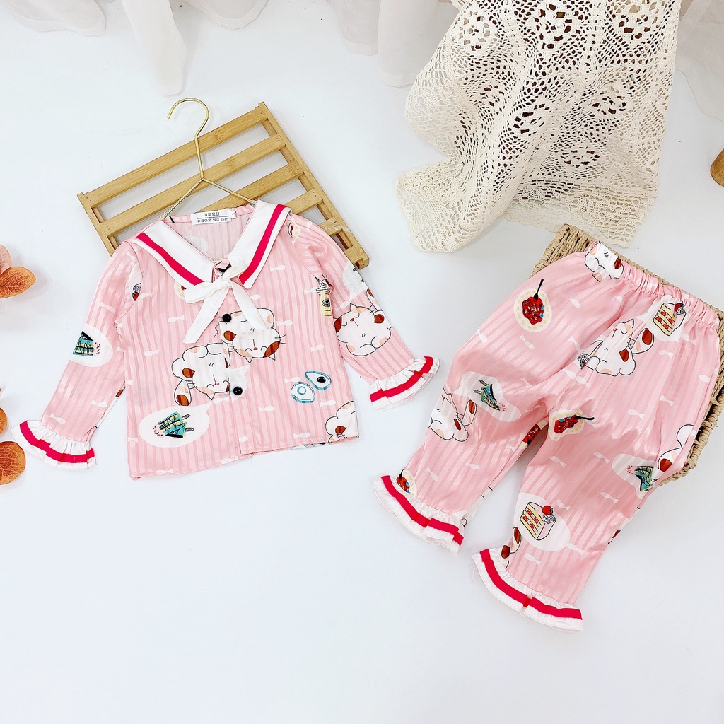 Bộ Đồ Ngủ Pijama Lụa Nhiều Họa Tiết Dành Cho Bé Gái Size Từ 10-36Kg - BPN18