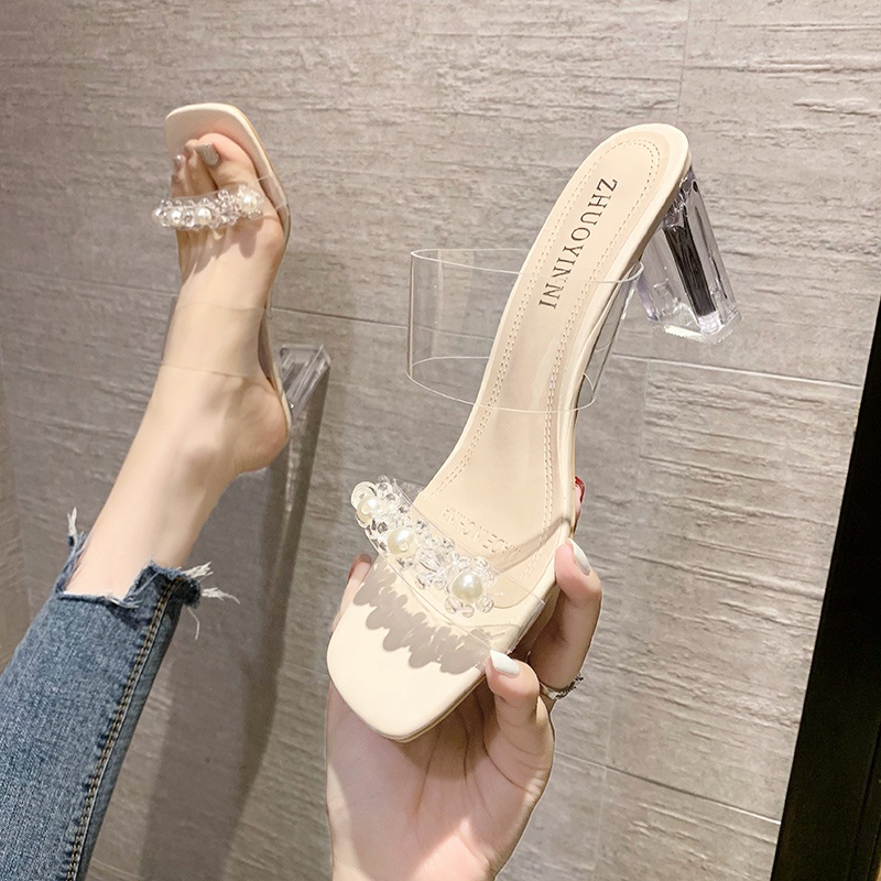 □☑Net celebrity slippers women wear fashionable personality outside in summer, transparent rhinestone thick heel super fire fairy style with skirt high heels