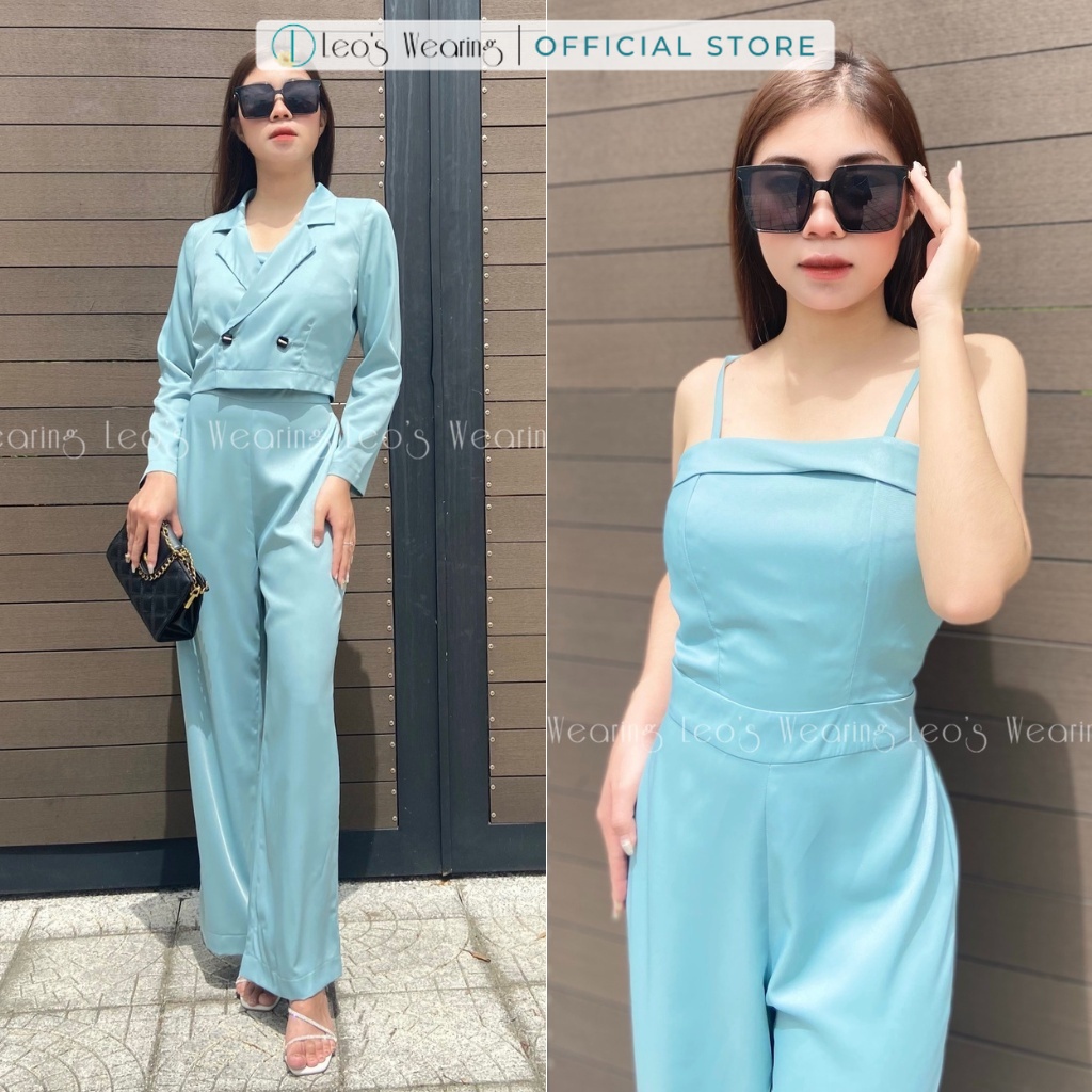 Bộ Jumsuit áo 2 dây liền quần ống rộng kèm áo khoác LEOSWEARING chất lụa trượt cao cấp mặc văn phòng đi tiệc H90