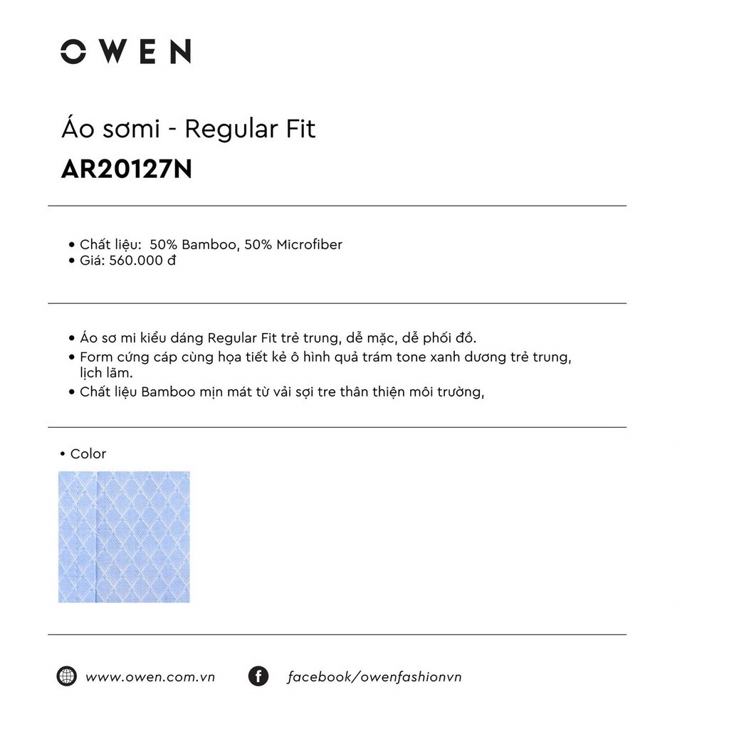 Xả 12.12 10.10 . OWEN - Aó sơ mi ngắn tay Owen chất sợi tre REGULAR FIT  20127 Cực Đẹp . . . ' ' ' hot . < . < .