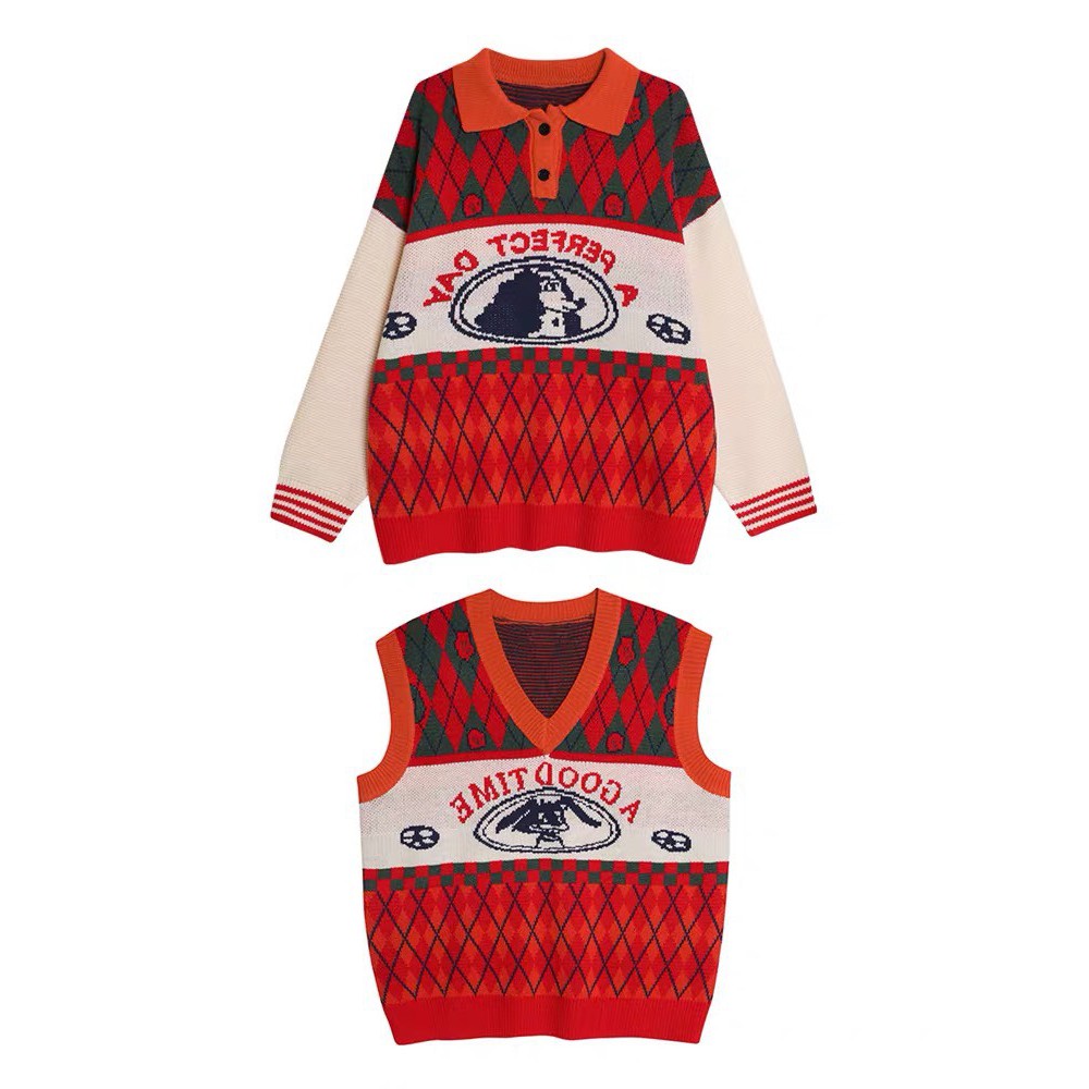 (ORDER) Áo len nữ cổ bẻ POLO họa tiết hình thoi màu đỏ giáng sinh+ Áo len gile form rộng | BigBuy360 - bigbuy360.vn