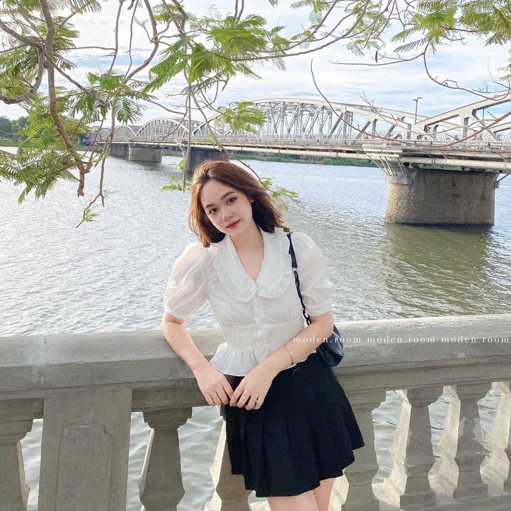 Áo sơ mi đũi cổ sen khhuy bèo xinh