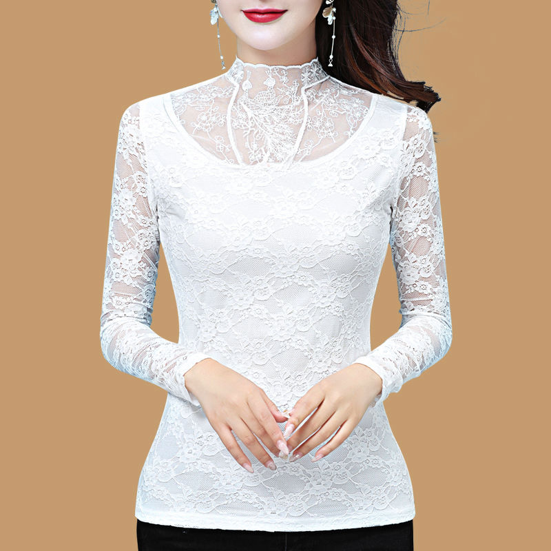 Thin / fleece bottom lace shirt Western style long-sleeved women's shirt Small shirt Spring and Autumn New temperament Big neck Large size Top T-shirt | BigBuy360 - bigbuy360.vn