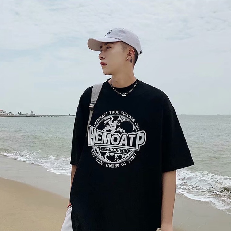 Áo thun tay ngắn dáng rộng in chữ phong cách Hàn Quốc thời trang cho nam size M-5XL