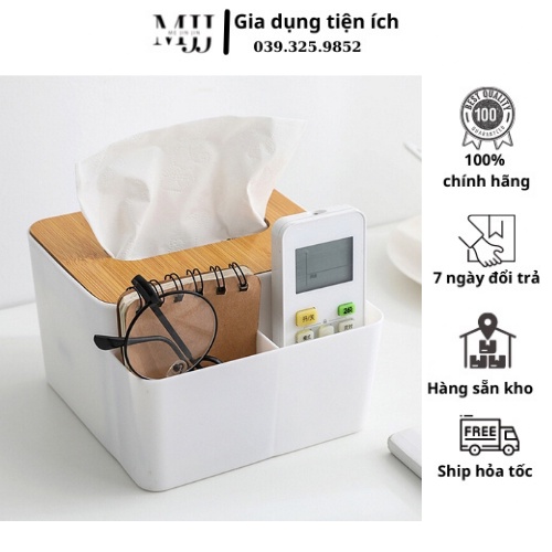 Hộp đựng giấy ăn để bàn bằng nhựa nắp gỗ có ngăn đựng đồ đa năng.