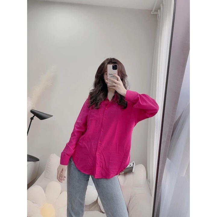 Áo sơ mi hồng chất đũi tơ siêu mát cổ đức form rộng giấu quần