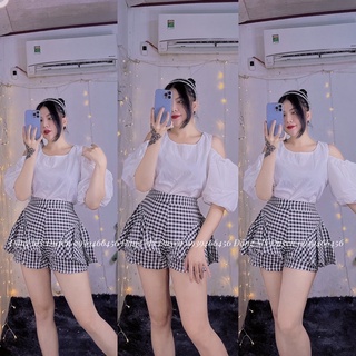 Set quần caro áo khoét vai ảnh chụp thật